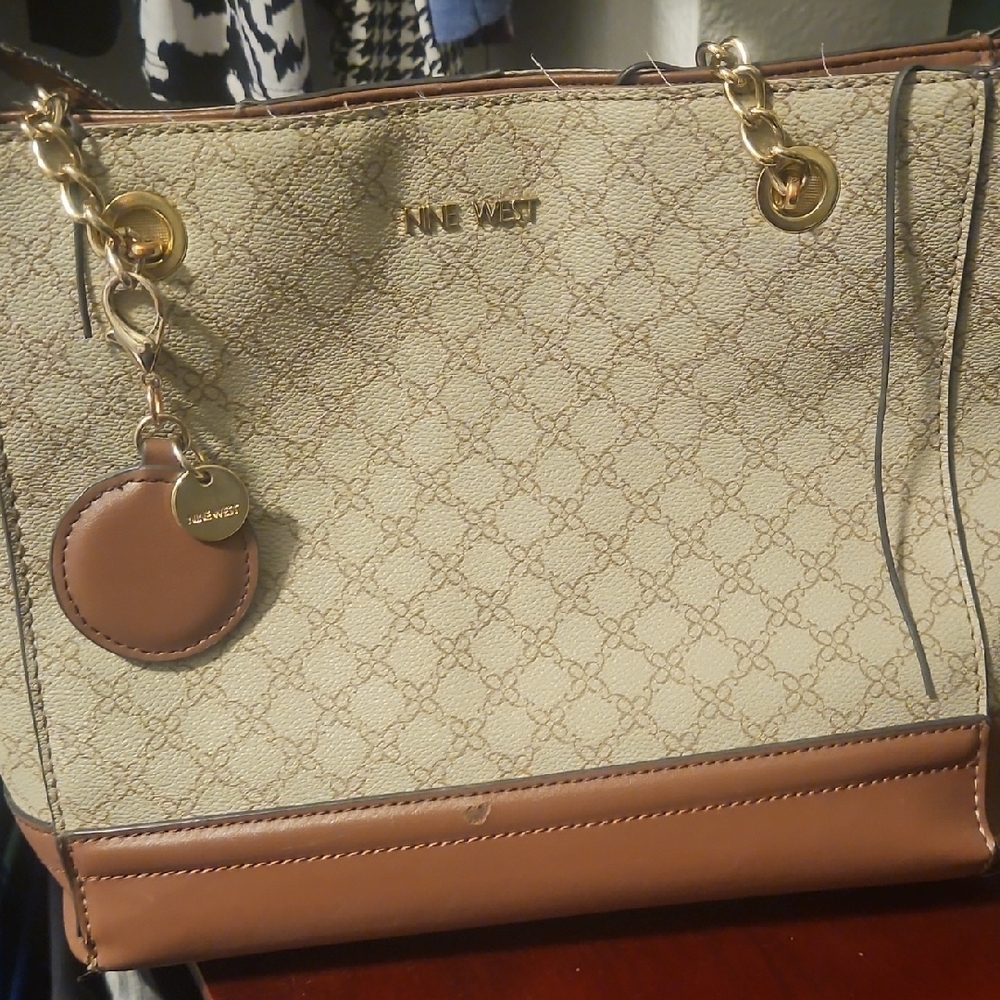 Nine West Cream and Brown Tote with Monogram Pattern
